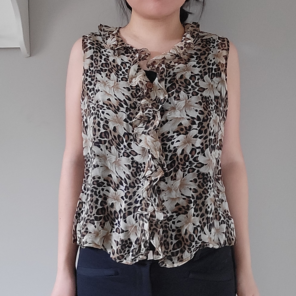 vintage 80s 100% silk blouse shirt tiger lily animal leopard print size XS Small
